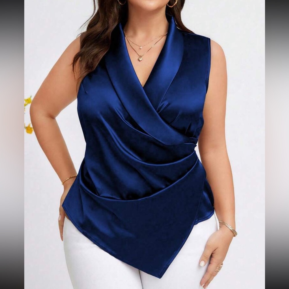 Plus Size Satin Leopard Ruched Side Asymmetrical Hem Blouse Top Shirt Blue